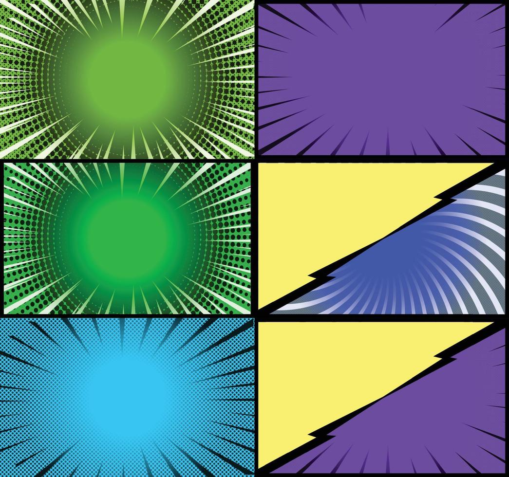 Comic book colorful frames background with halftone rays radial and dotted effects pop art style vector