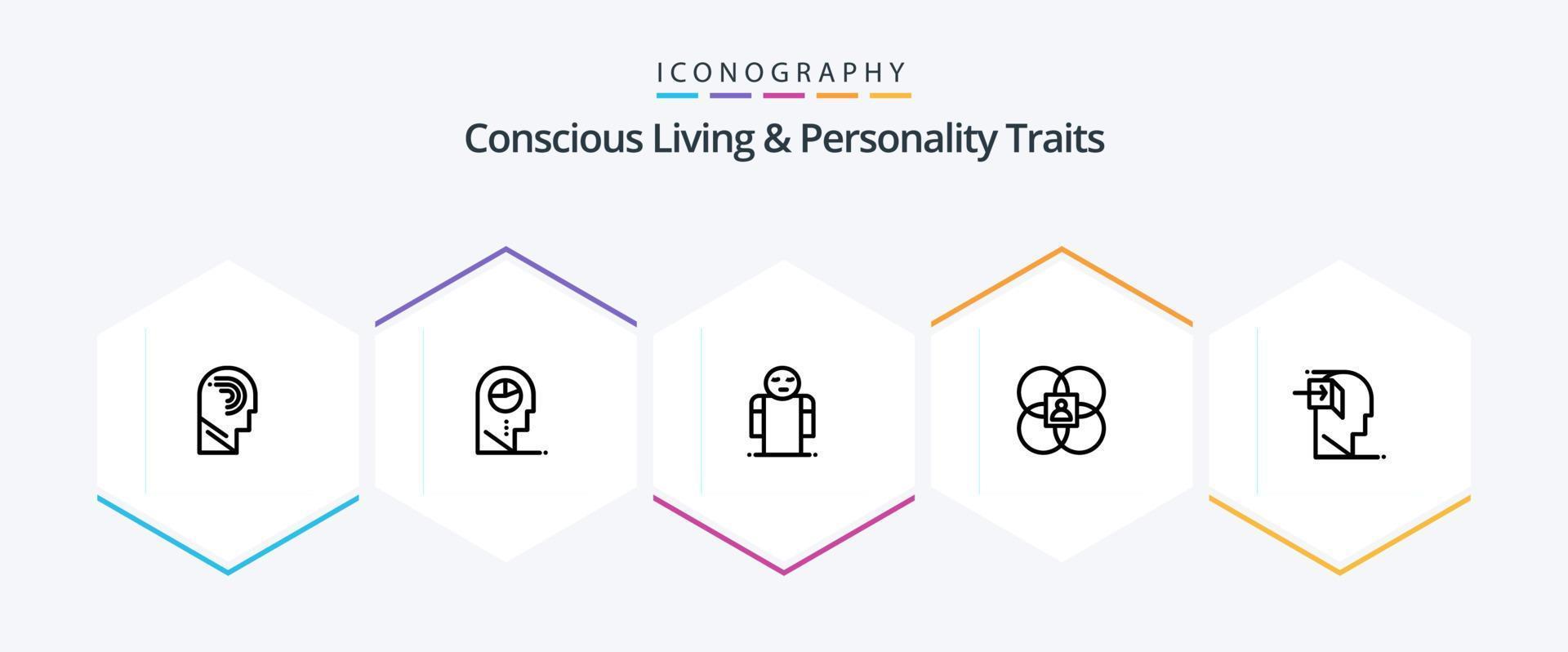 vida consciente y rasgos de personalidad paquete de iconos de 25 líneas que incluye persona. humano. sombrero. características. persona vector