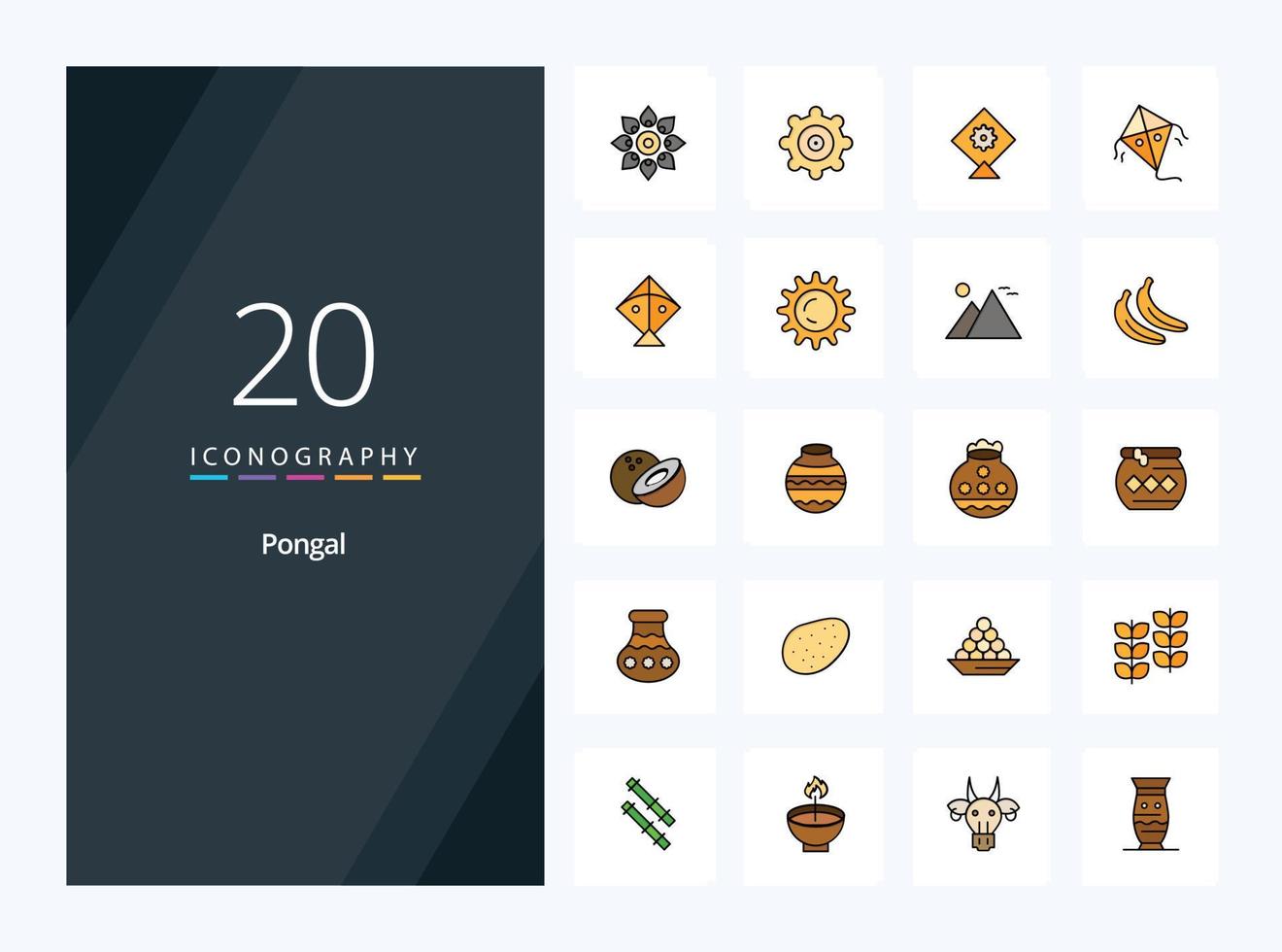 20 icono lleno de línea pongal para presentación vector