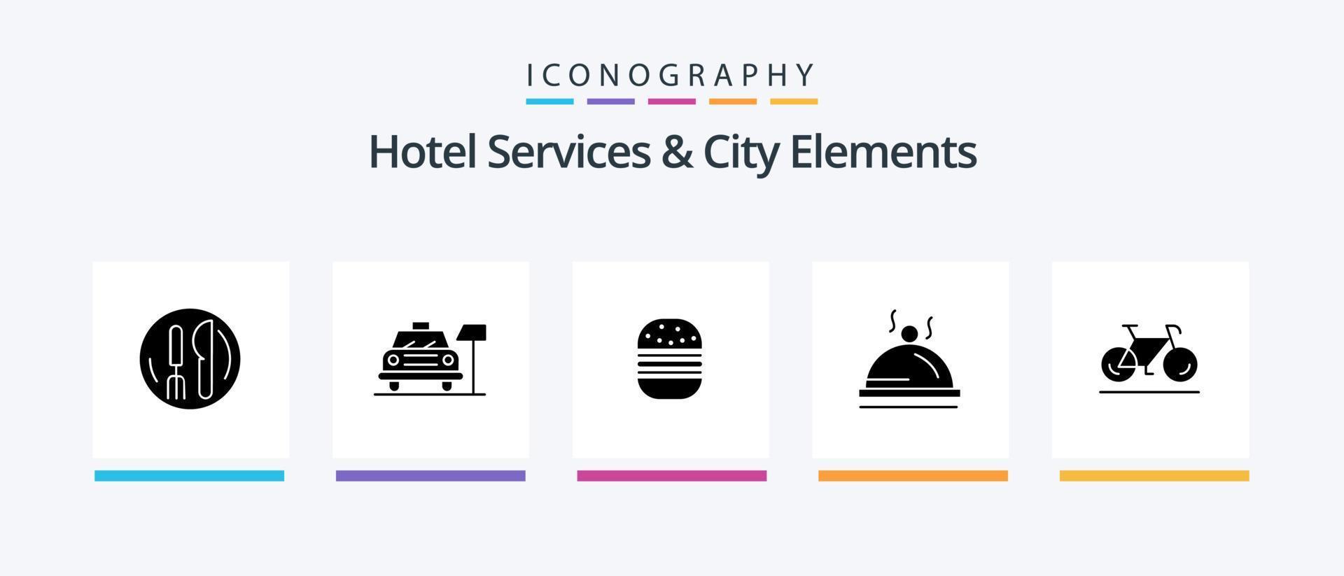 Hotel Services And City Elements Glyph 5 Icon Pack Including movement. service. burger. pallater. hotel. Creative Icons Design vector