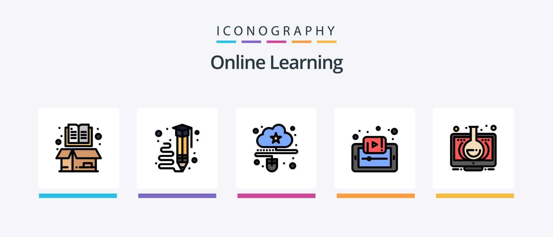 la línea de aprendizaje en línea llenó el paquete de 5 iconos, incluido el archivo. en línea. estudio en línea. aprendiendo. archivo. diseño de iconos creativos vector