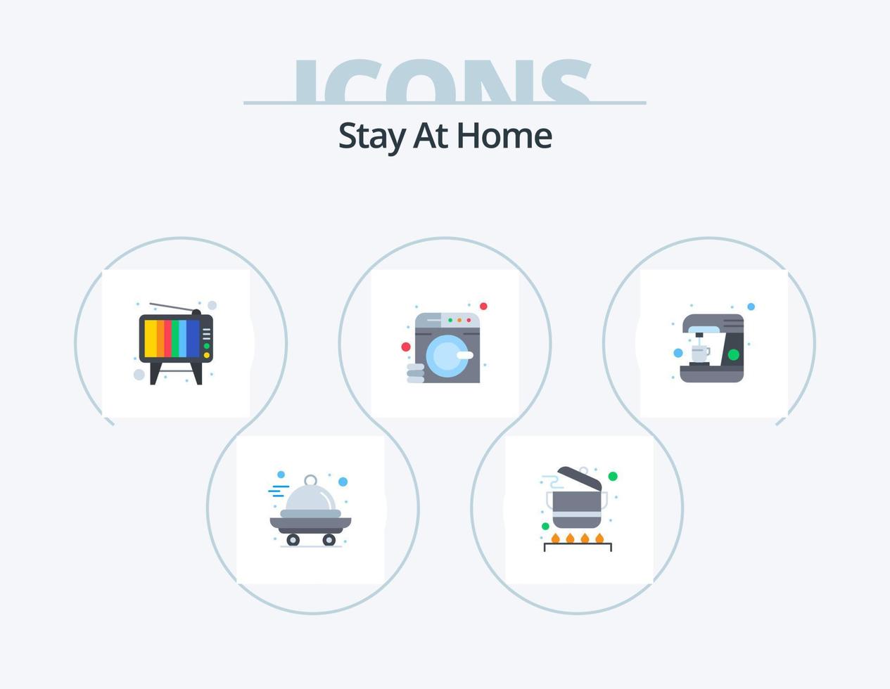 quédese en casa icono plano paquete 5 diseño de iconos. máquina. café. retro lavar. lavadero vector