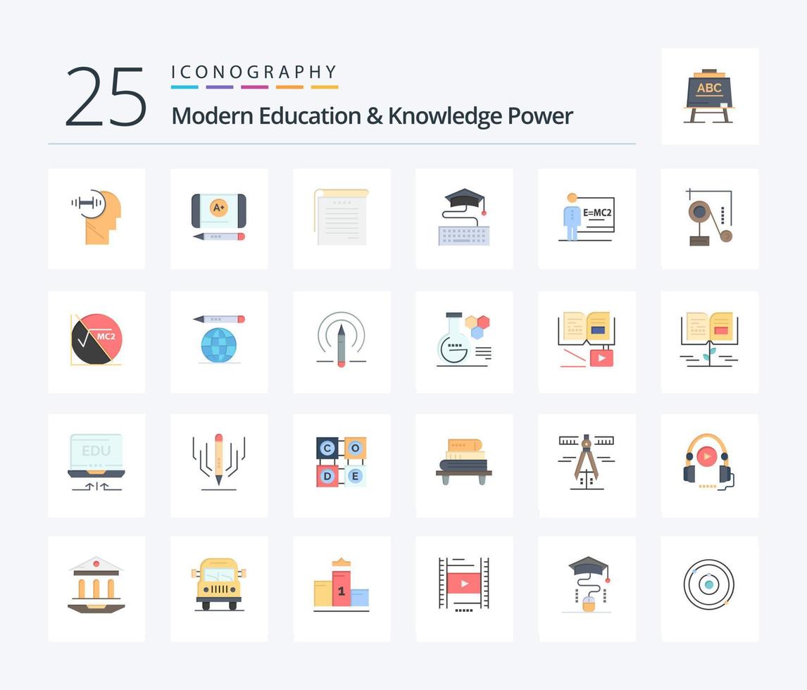 Modern Education And Knowledge Power 25 Flat Color icon pack including teacher. classroom. notes. graduation. keyboard vector