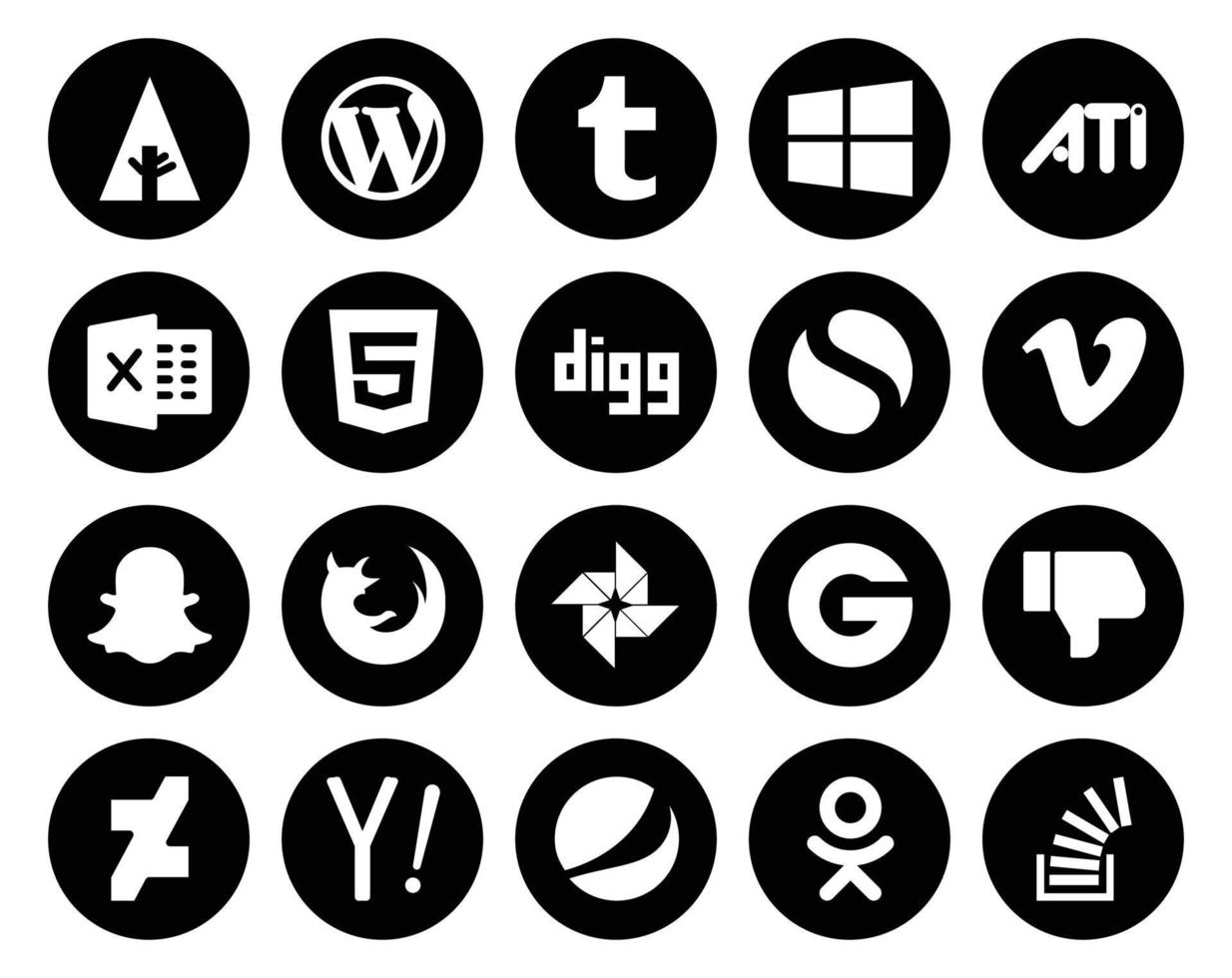 Paquete de 20 íconos de redes sociales que incluye Snapchat del navegador digg de la foto que no me gusta vector