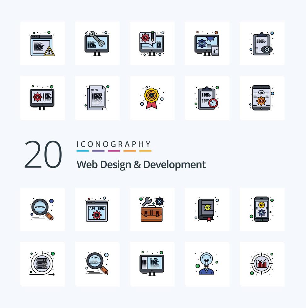 20 Web Design And Development Line Filled Color icon Pack like coding contacts programming bookmarks settings vector