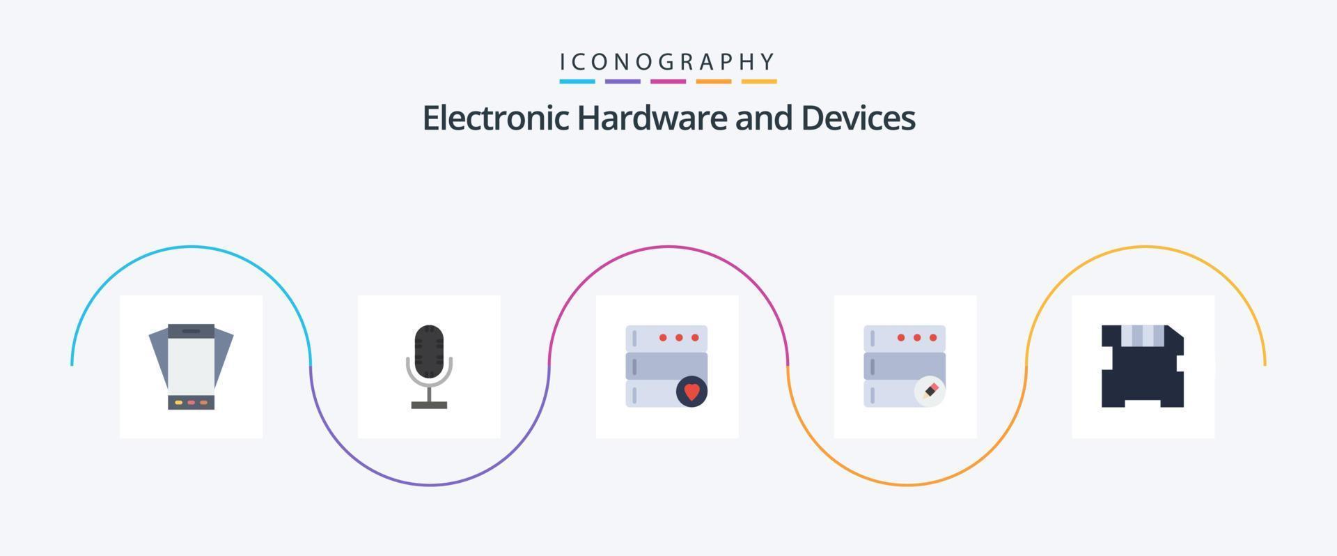 Devices Flat 5 Icon Pack Including sd. card. microphone. server. database vector