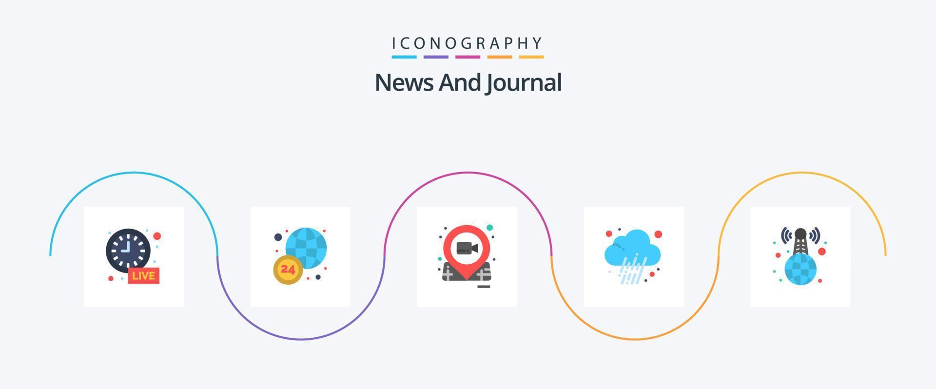 Paquete de 5 iconos planos de noticias que incluye en vivo. mundial. película. clima. noticias vector