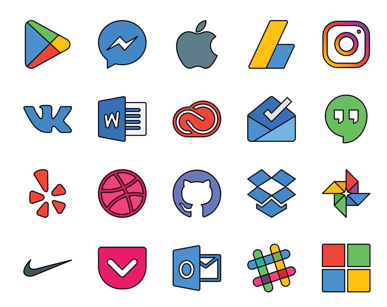 20 Social Media Icon Pack Including dropbox dribbble word yelp inbox vector