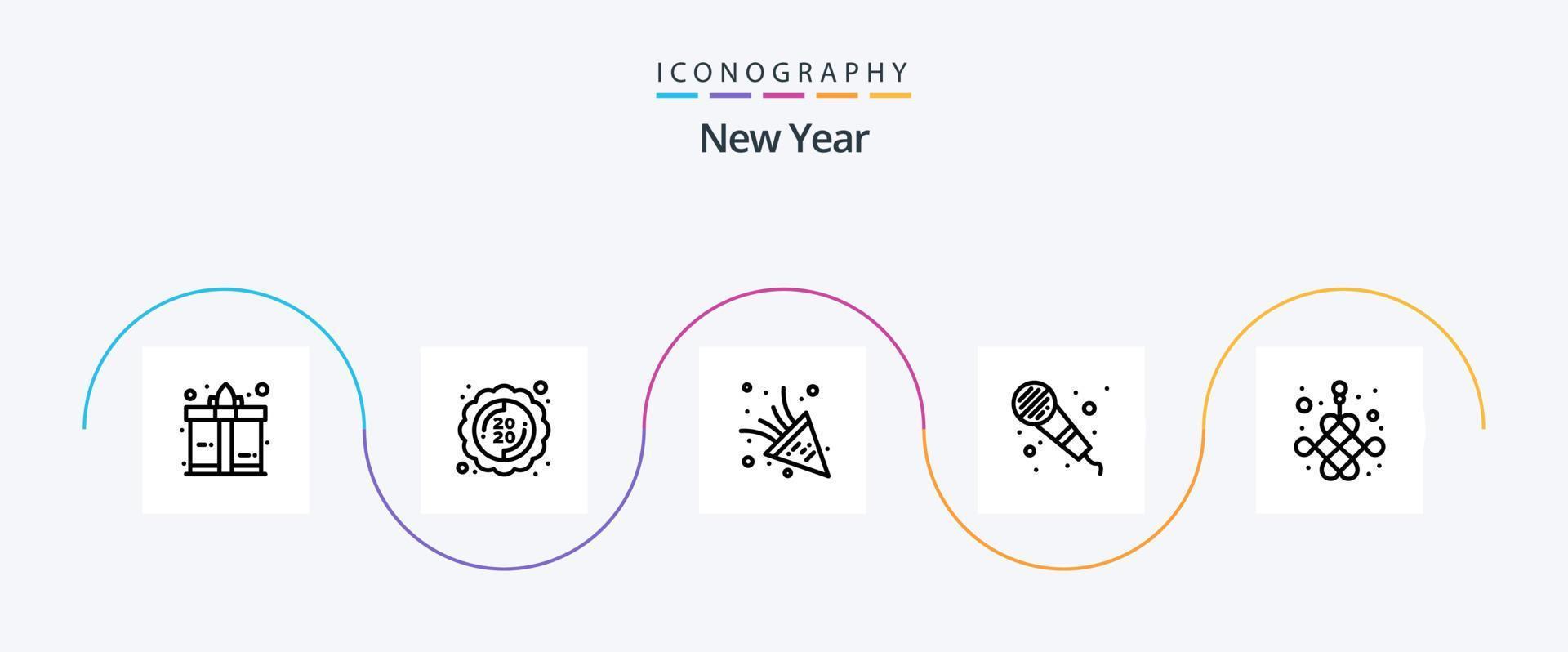 New Year Line 5 Icon Pack Including . new. firework. knot. microphone vector
