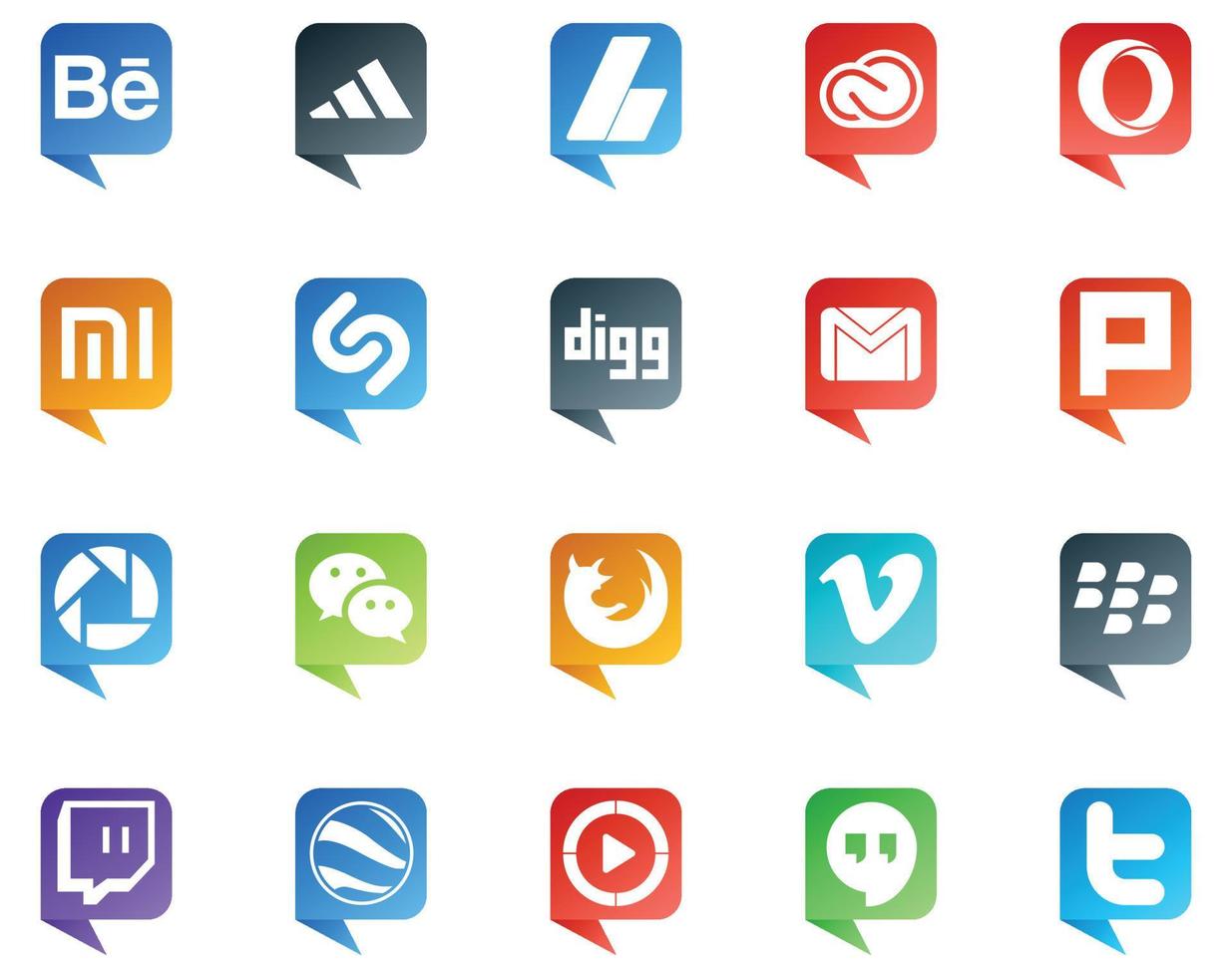 20 logotipos de estilo de burbujas de discurso de redes sociales como messenger picasa xiaomi plurk email vector