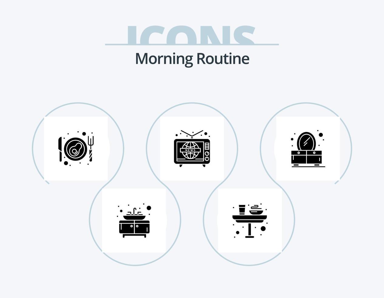 Morning Routine Glyph Icon Pack 5 Icon Design. mirror. bedroom. bacon. world wide. television vector