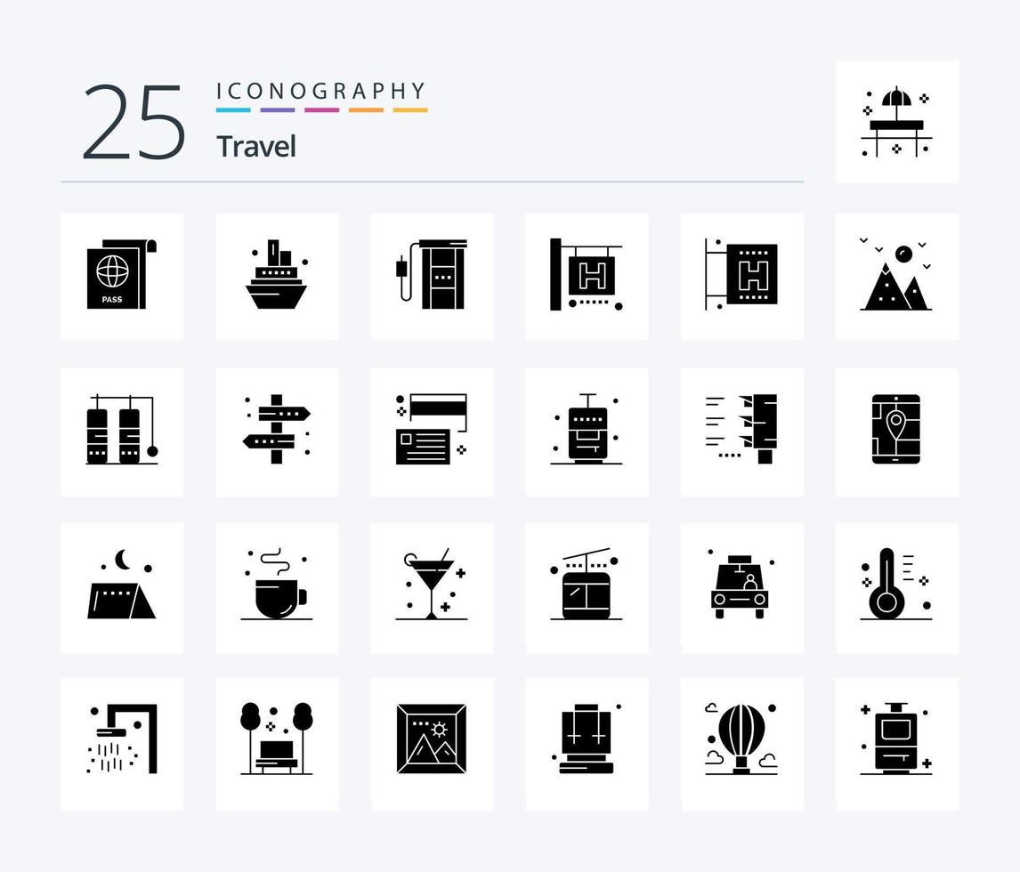 Travel 25 Solid Glyph icon pack including mountain. hill. gas station. hiking. travel vector