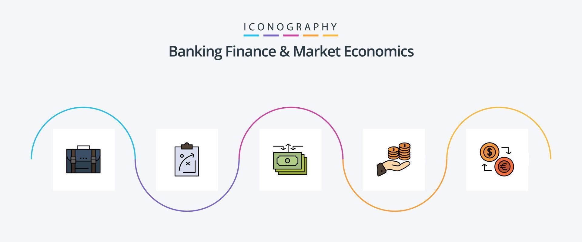 la línea de finanzas bancarias y economía de mercado llenó un paquete de iconos planos 5 que incluye efectivo. fluir. estratégico. dólar. mercado vector