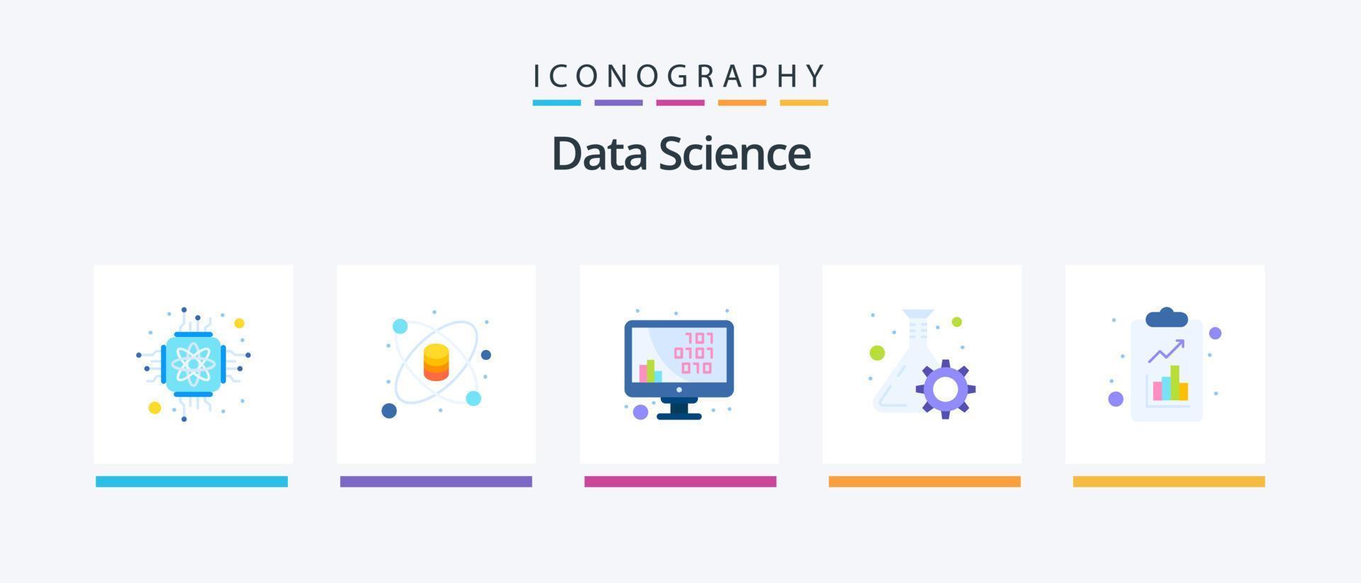 Data Science Flat 5 Icon Pack Including science. data. code. flask. monitor. Creative Icons Design vector