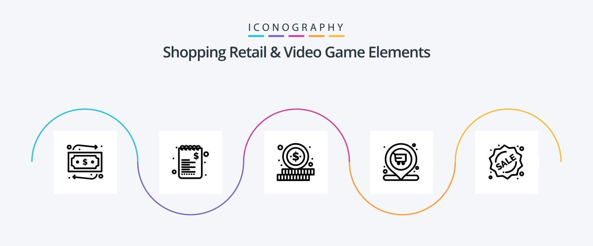 Shoping Retail And Video Game Elements Line 5 Icon Pack Including shopping. label. shopping. badge. location vector