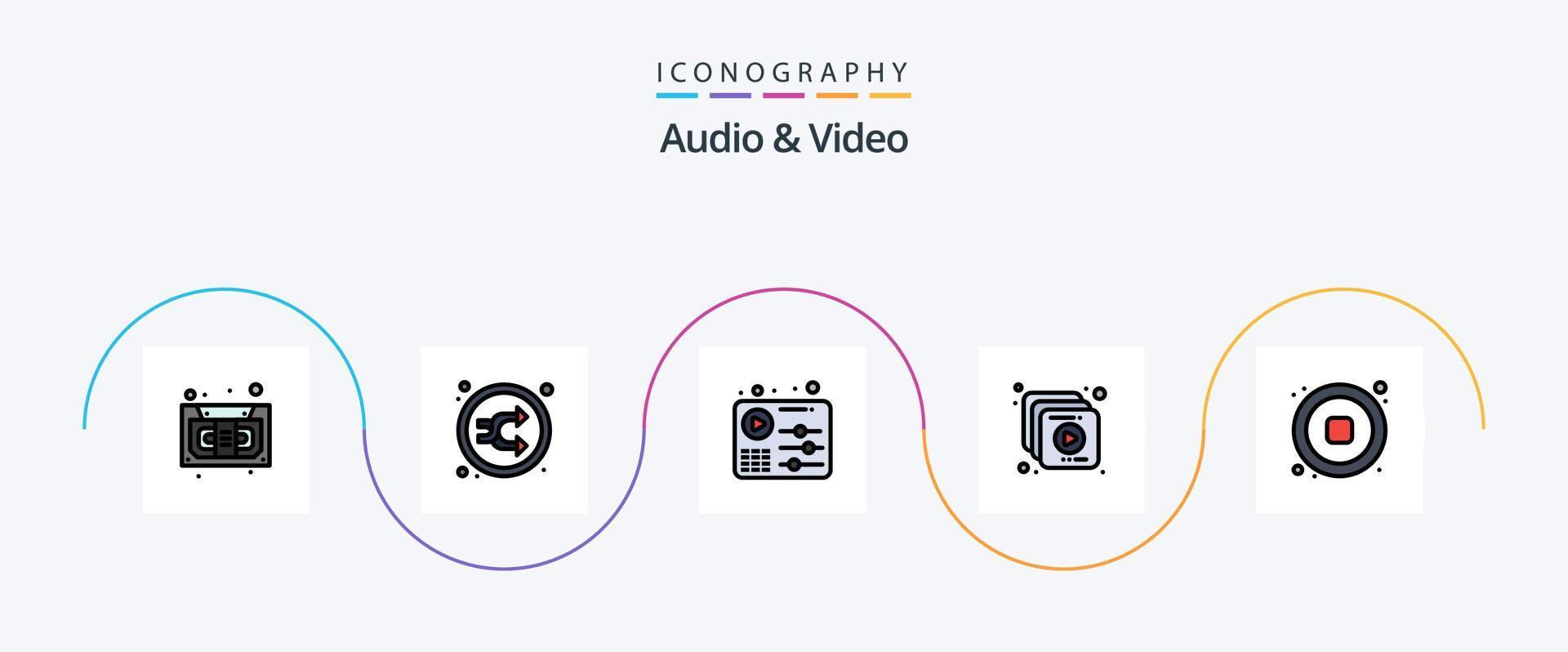 línea de audio y video llena de paquete de iconos planos 5 que incluye música. video. barajar. multimedia. jugar vector