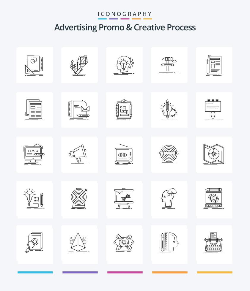 Creative Advertising Promo And Creative Process 25 OutLine icon pack  Such As develop. build. placement. thinking. head vector