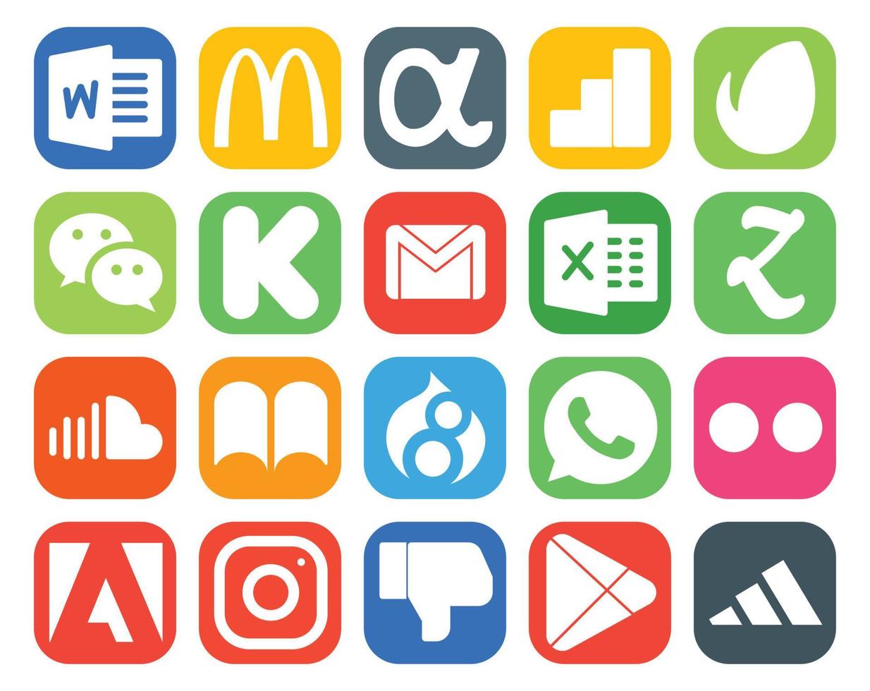 Paquete de 20 íconos de redes sociales que incluye zootool de sonido de gmail de música drupal vector