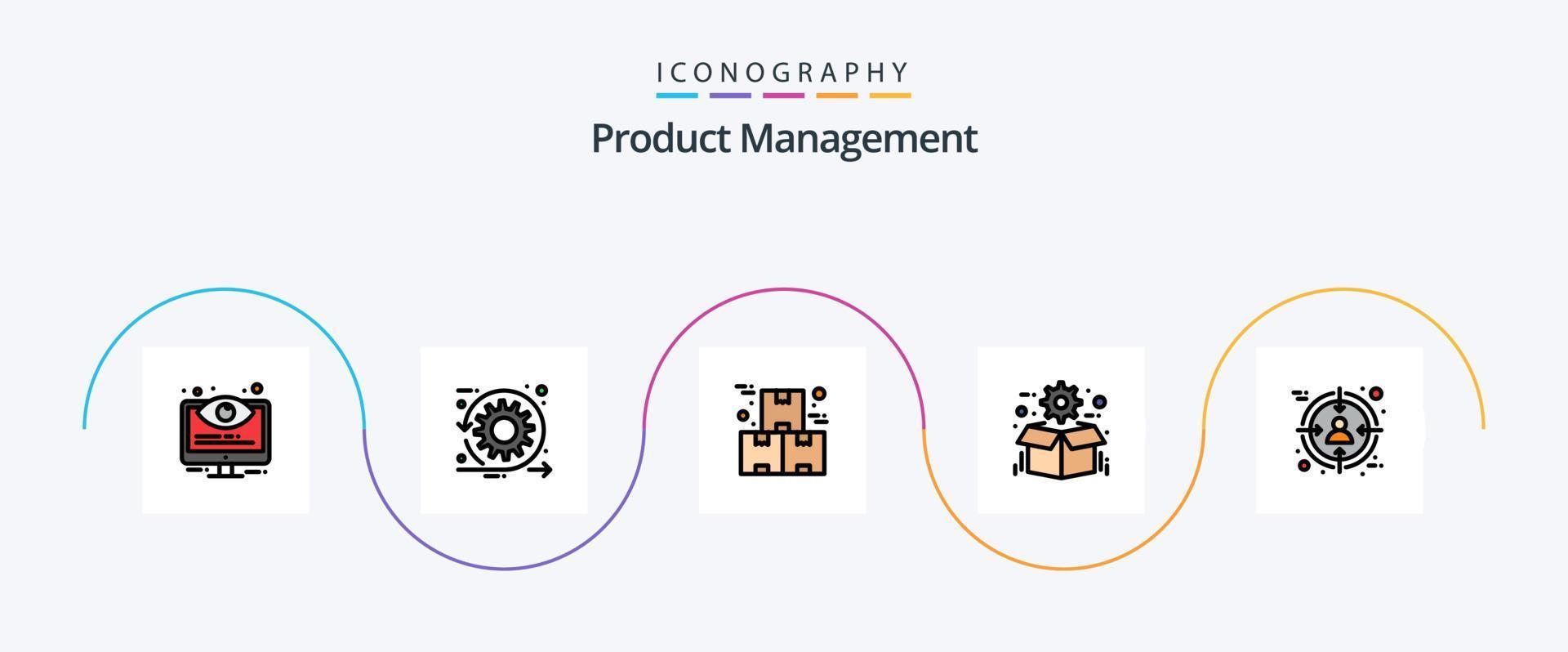 la línea de gestión de productos llenó el paquete de iconos planos 5 que incluye la optimización. caja. pique. producción. industria vector