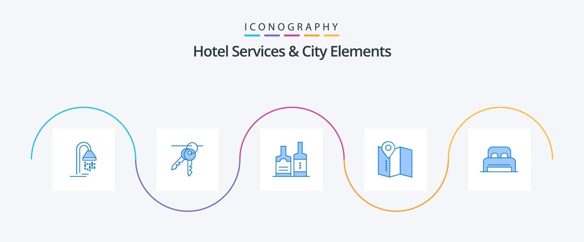 Hotel Services And City Elements Blue 5 Icon Pack Including room. bed . alcohol. service. location vector