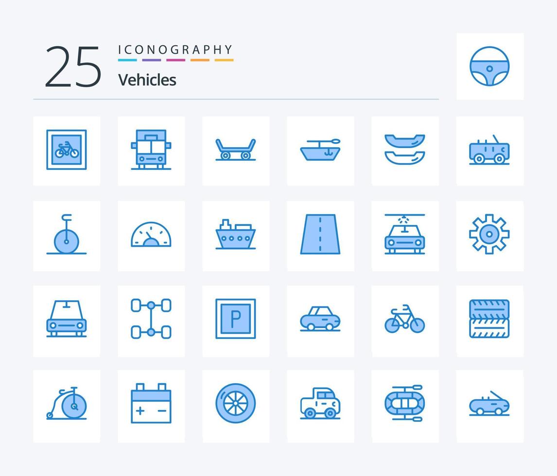 Vehicles 25 Blue Color icon pack including monocycle. military. skateboard. jeep. kayak vector