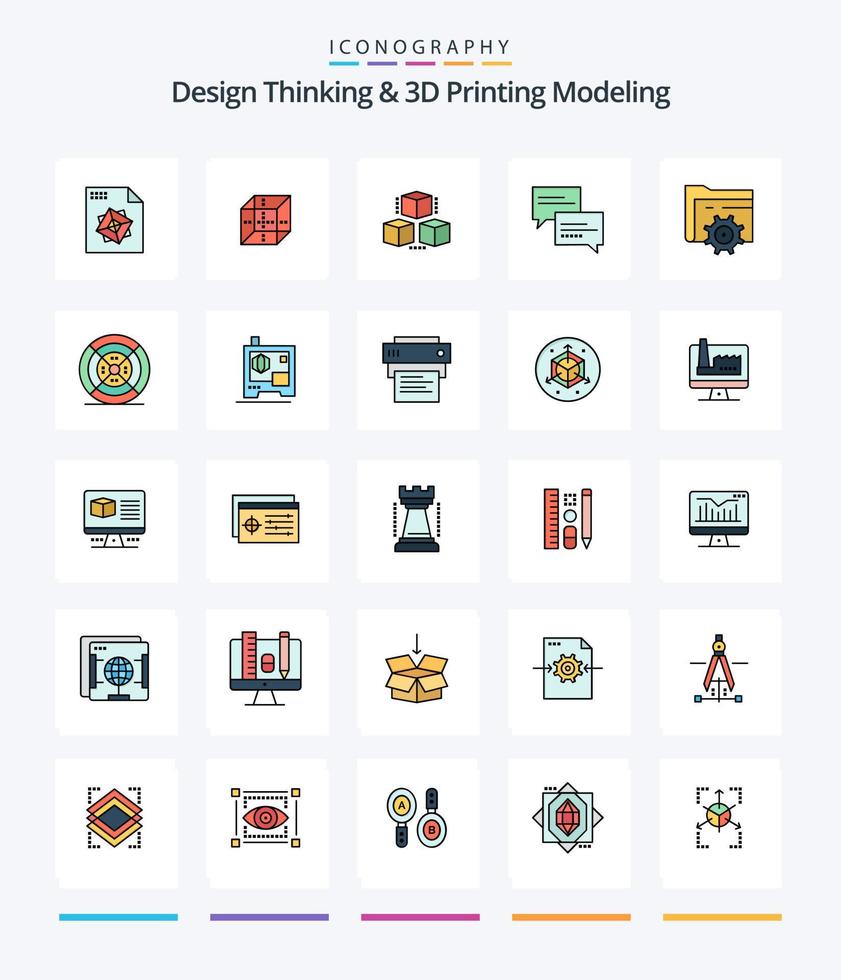 Creative Design Thinking And D Printing Modeling 25 Line FIlled icon pack  Such As printing. film. comment. computing. setting vector