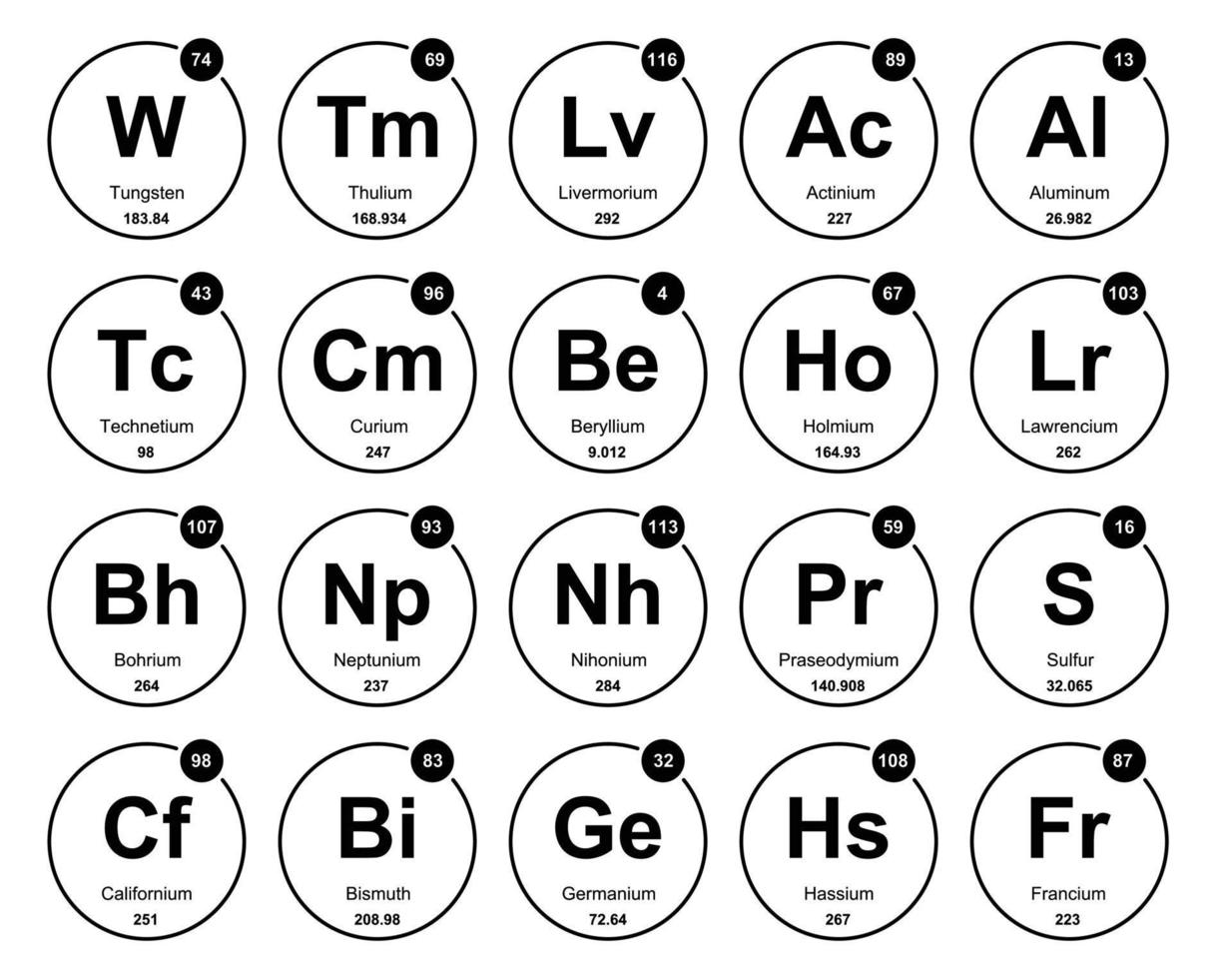 diseño de paquete de iconos de 20 tablas preiodicas de los elementos vector