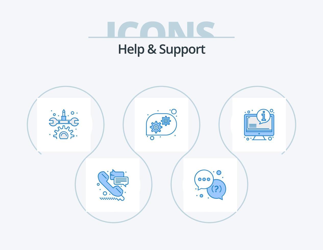 Help And Support Blue Icon Pack 5 Icon Design. information. faq. gear. system. technical help vector