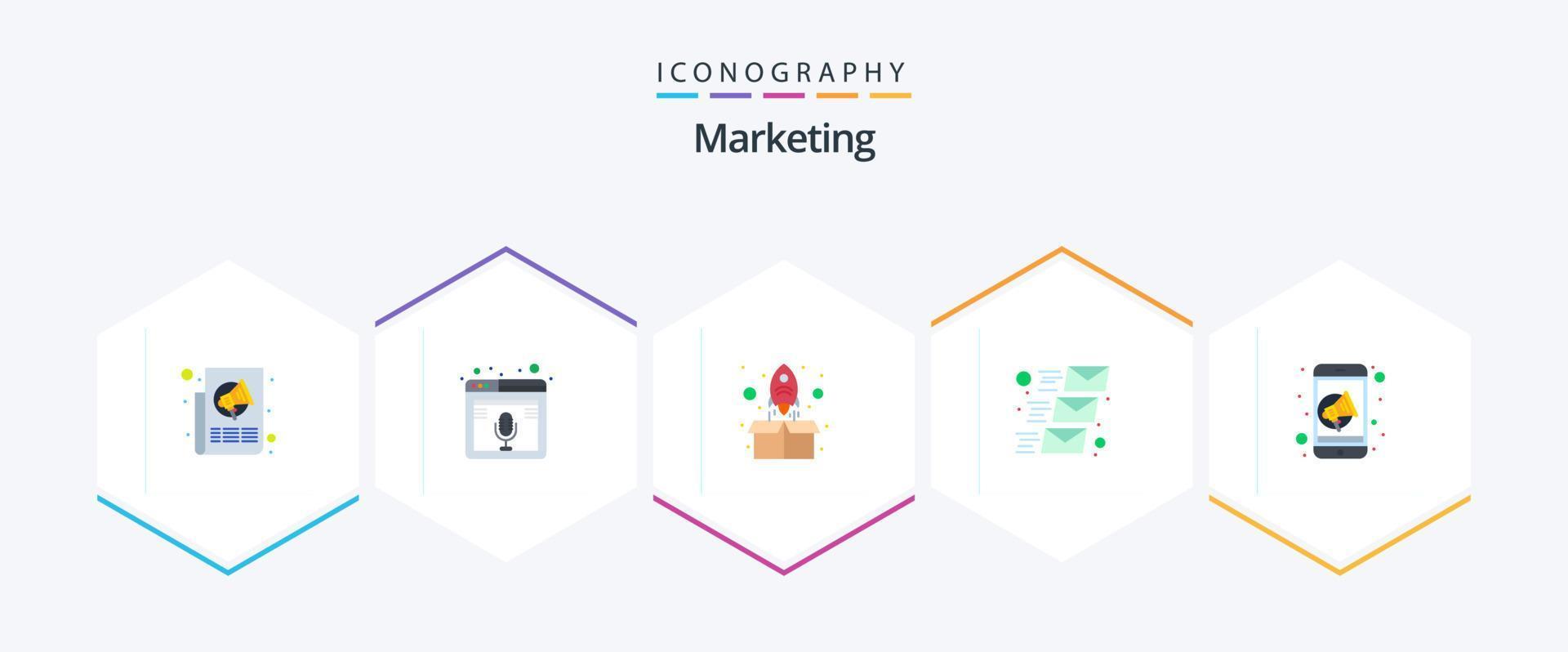 Marketing 25 Flat icon pack including email message. mail. podcast. email. up vector
