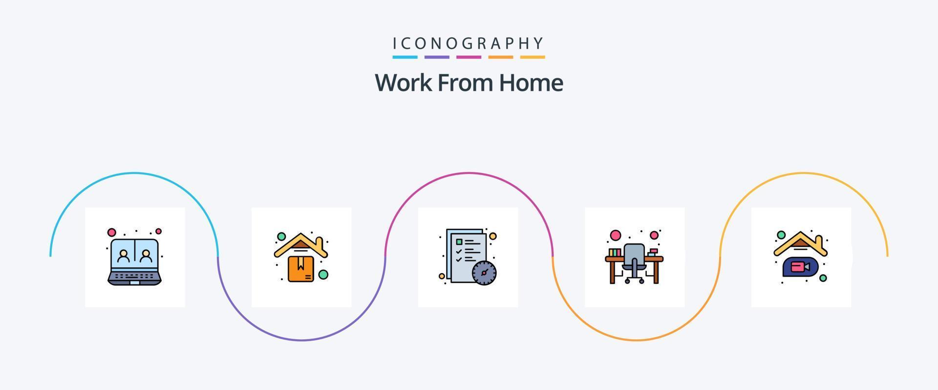 Work From Home Line Filled Flat 5 Icon Pack Including video calling. office desk. check list. monitor. computer table vector