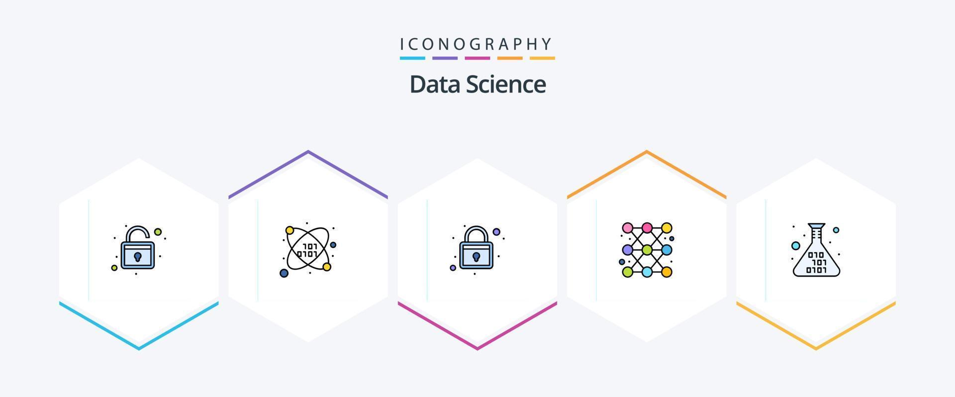 Data Science 25 FilledLine icon pack including code. research. rack. report. diagram vector