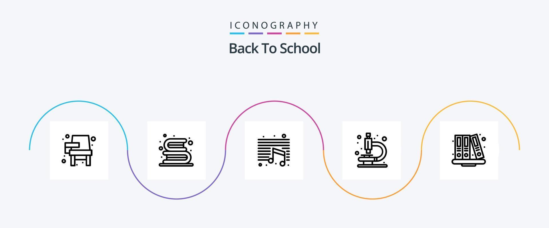 paquete de iconos de la línea 5 de regreso a la escuela que incluye el regreso a la escuela. microscopio. biblioteca. laboratorio. educación vector