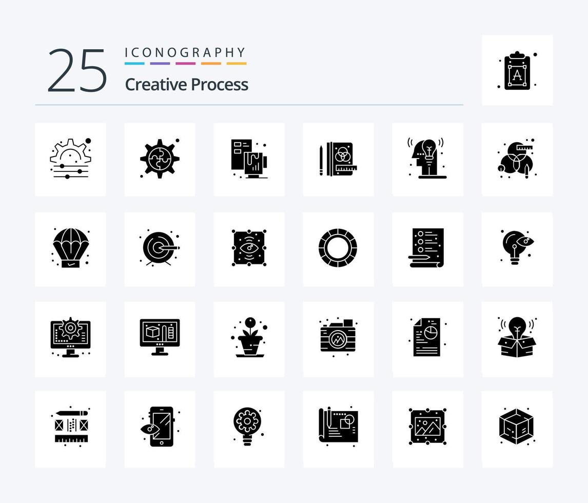 Creative Process 25 Solid Glyph icon pack including design. process. process. creative. man vector
