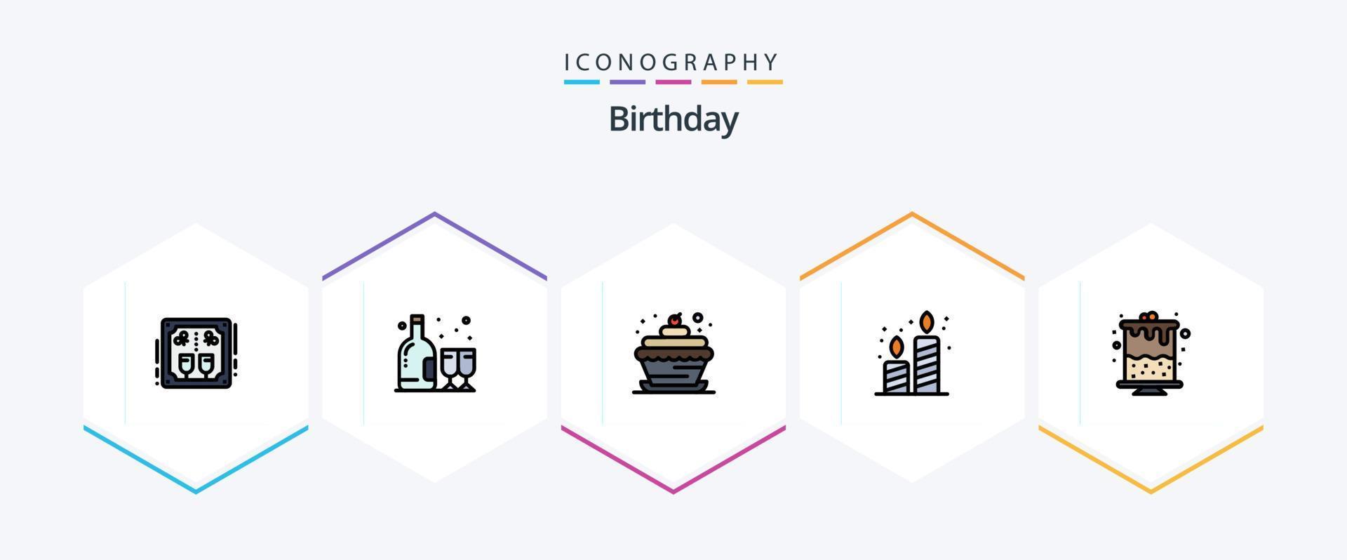 Birthday 25 FilledLine icon pack including birthday. candles. bottle. candle. cupcake food vector