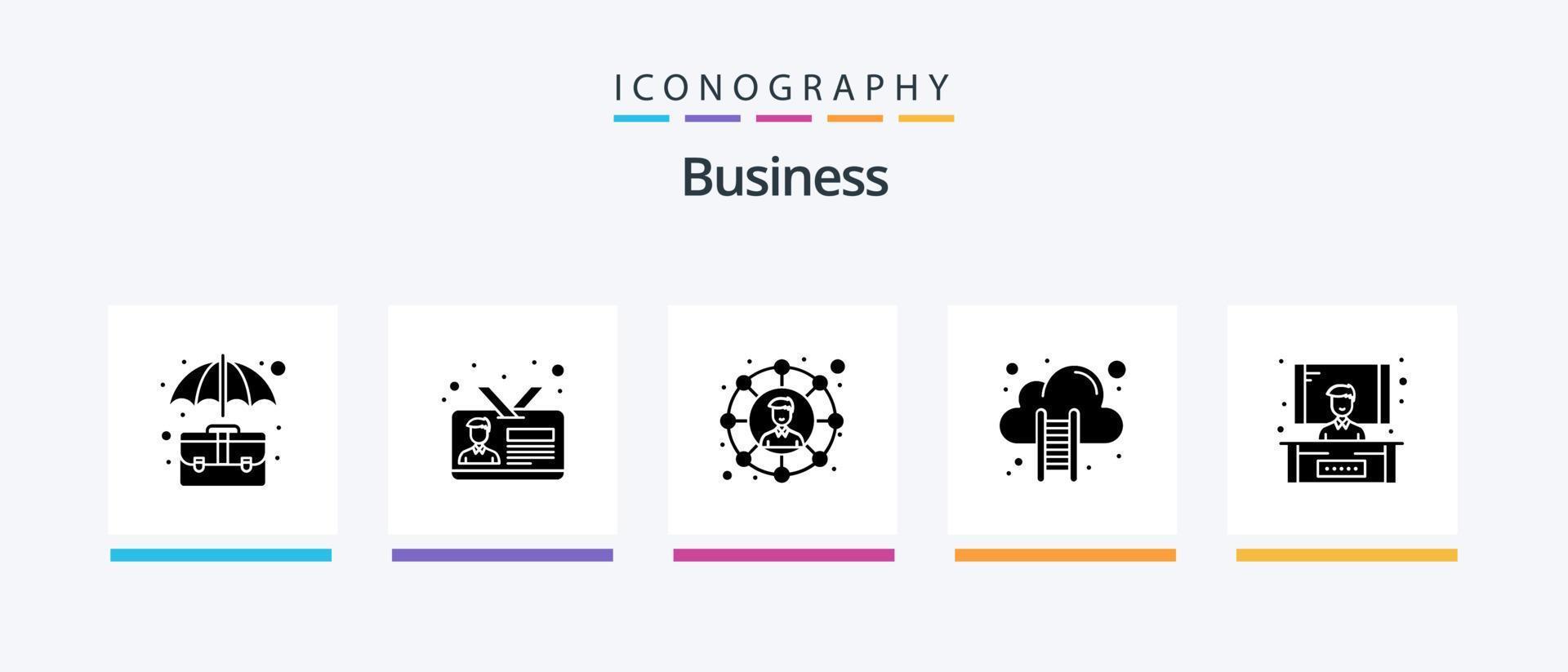 Business Glyph 5 Icon Pack Including stairs. cloud hosting. id card. cloud computing. social network. Creative Icons Design vector