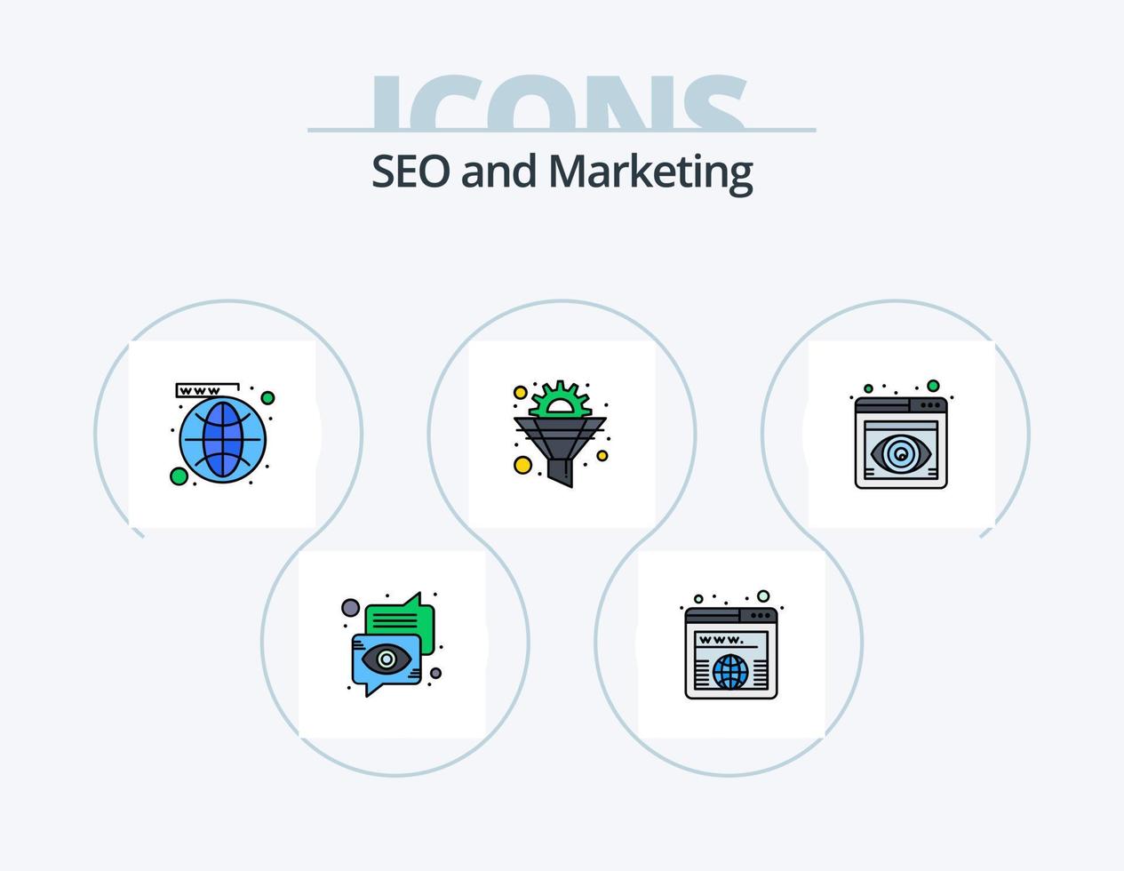 Seo Line Filled Icon Pack 5 Icon Design. optimization. funnel. worldwide. filter. head shot vector