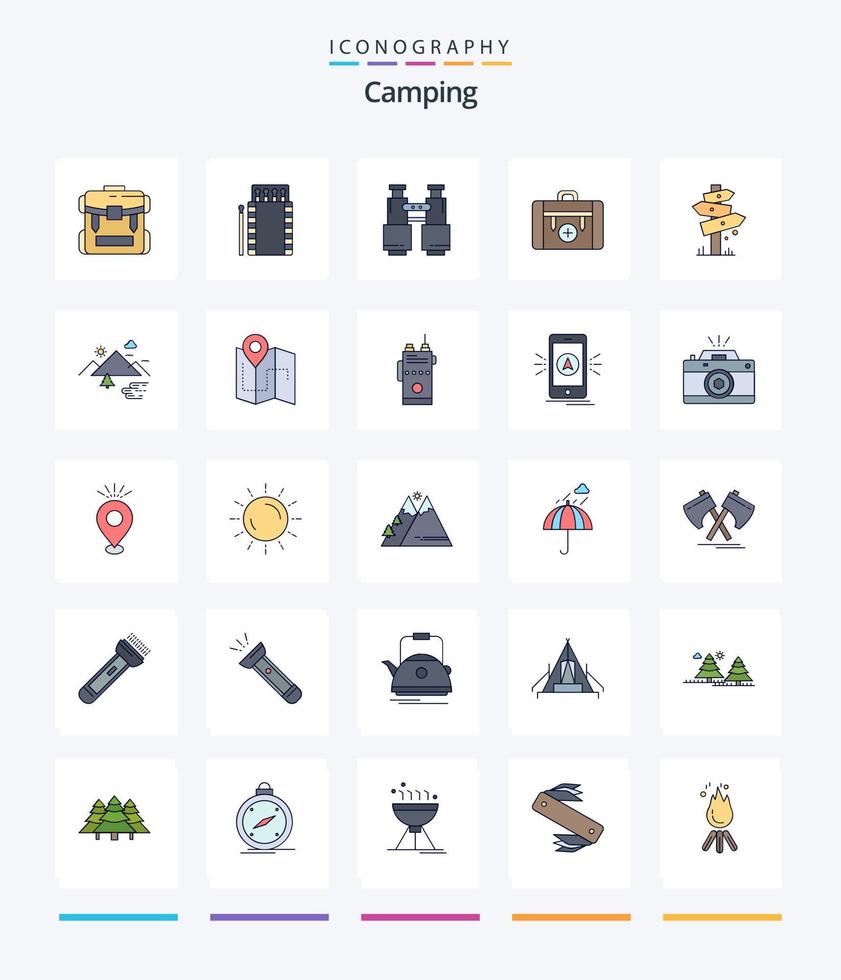 Creative Camping 25 Line FIlled icon pack  Such As camping. . bonfire. camping. search vector
