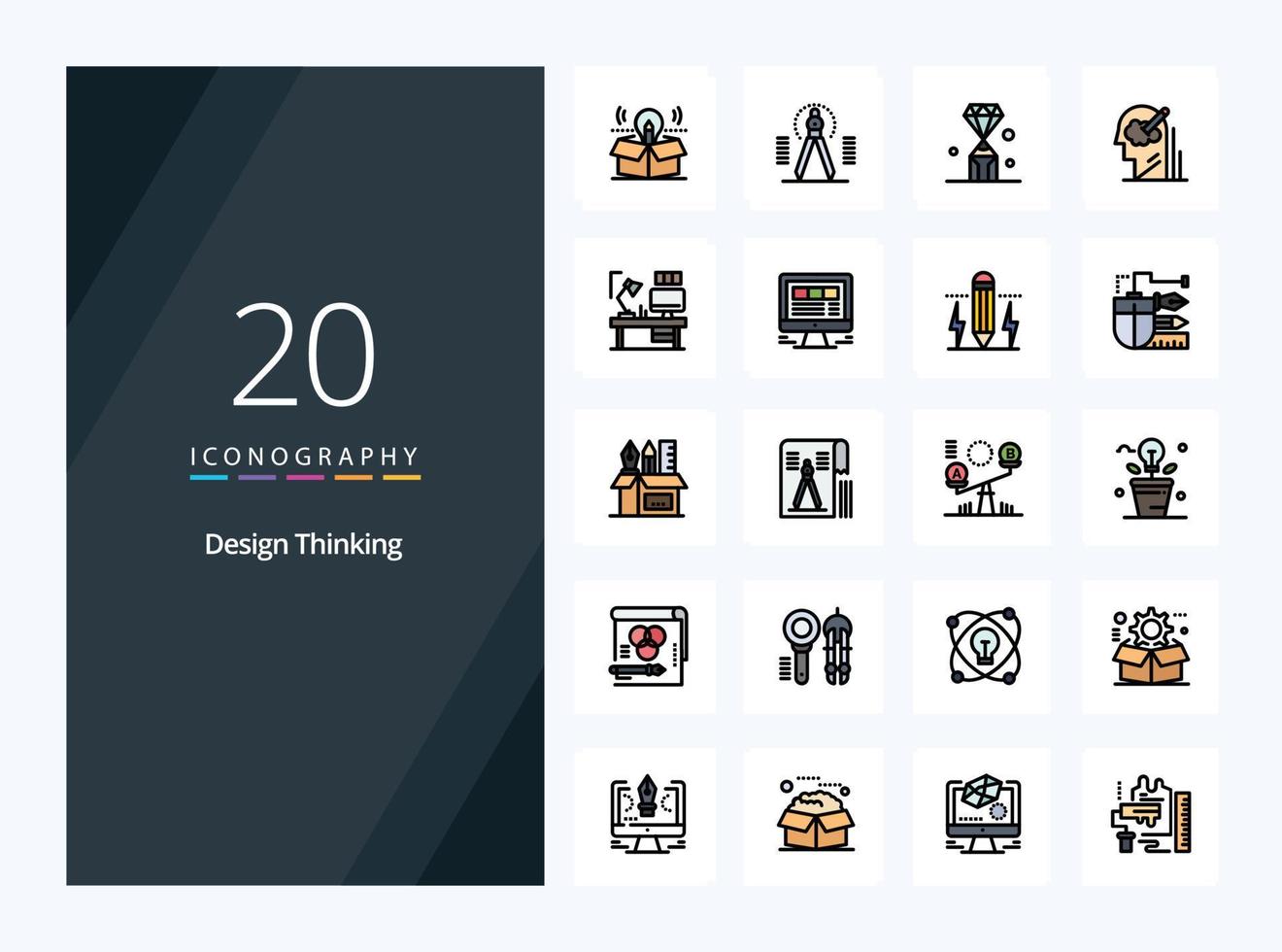 20 iconos llenos de línea de pensamiento de diseño para presentación vector