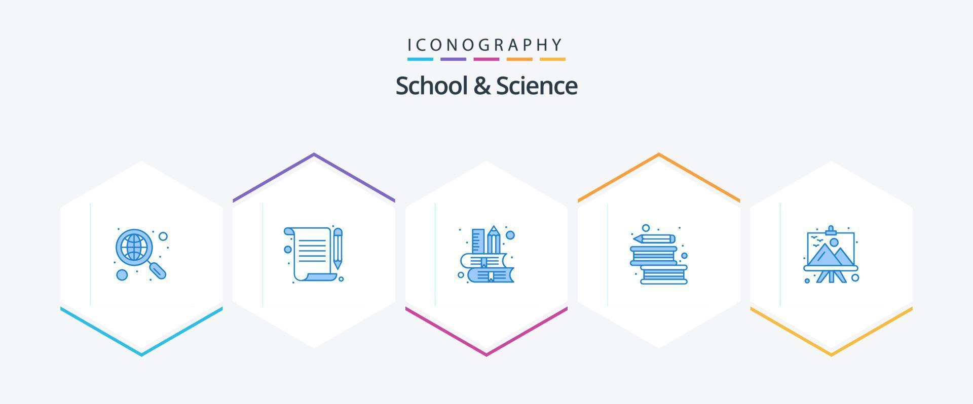 escuela y ciencia 25 paquete de iconos azules que incluye marco. bolígrafo. libro. literatura. libros vector