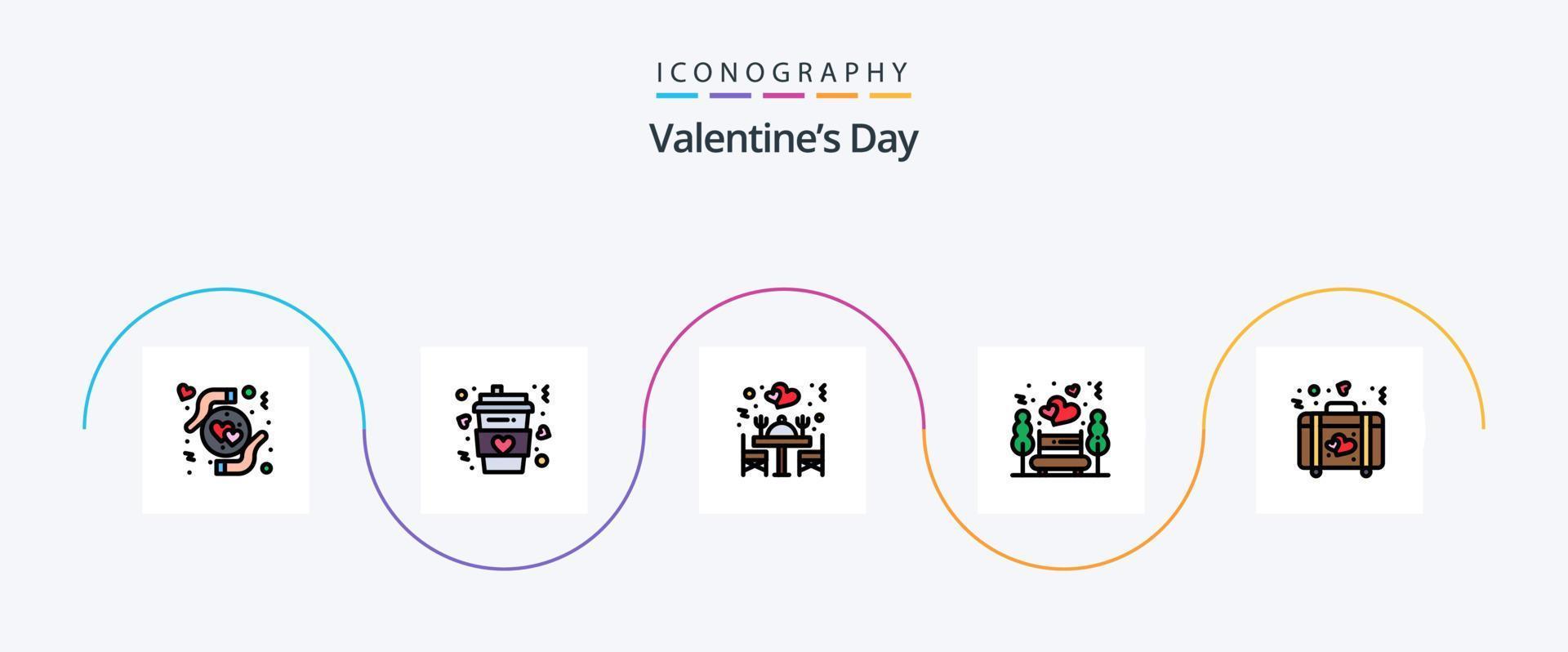 la línea del día de san valentín llenó el paquete de iconos planos 5 que incluye maletín. noche. amar. naturaleza. mesa vector