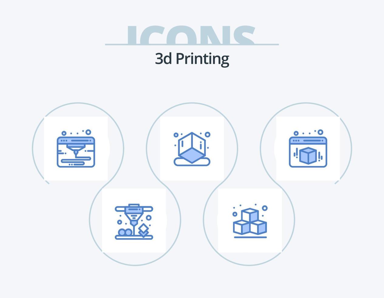 Diseño de iconos del paquete de 5 iconos azules de impresión 3d. cubo. impresora. caja. forma vector