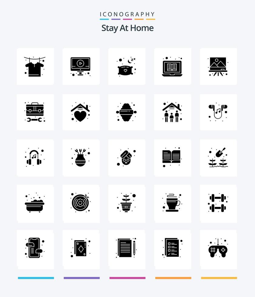 Creative Stay At Home 25 Glyph Solid Black icon pack  Such As drawing. online library. pillow. tutorials. education vector