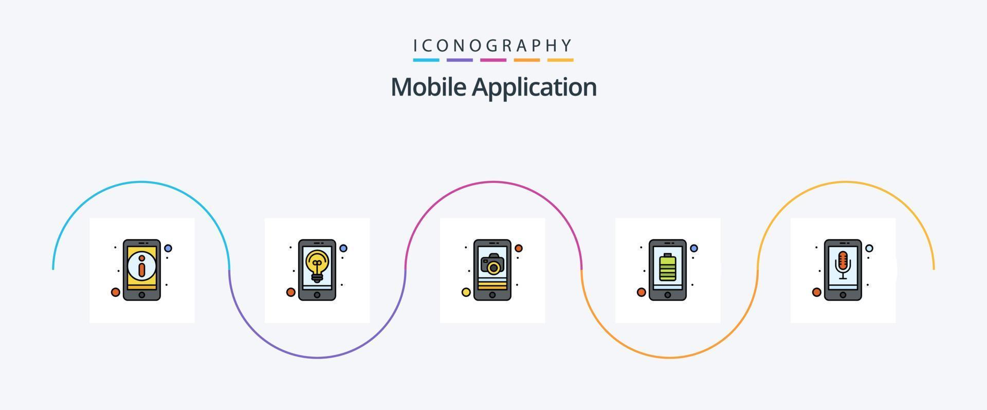 Mobile Application Line Filled Flat 5 Icon Pack Including mobile recorder. mobile. application. full. app vector