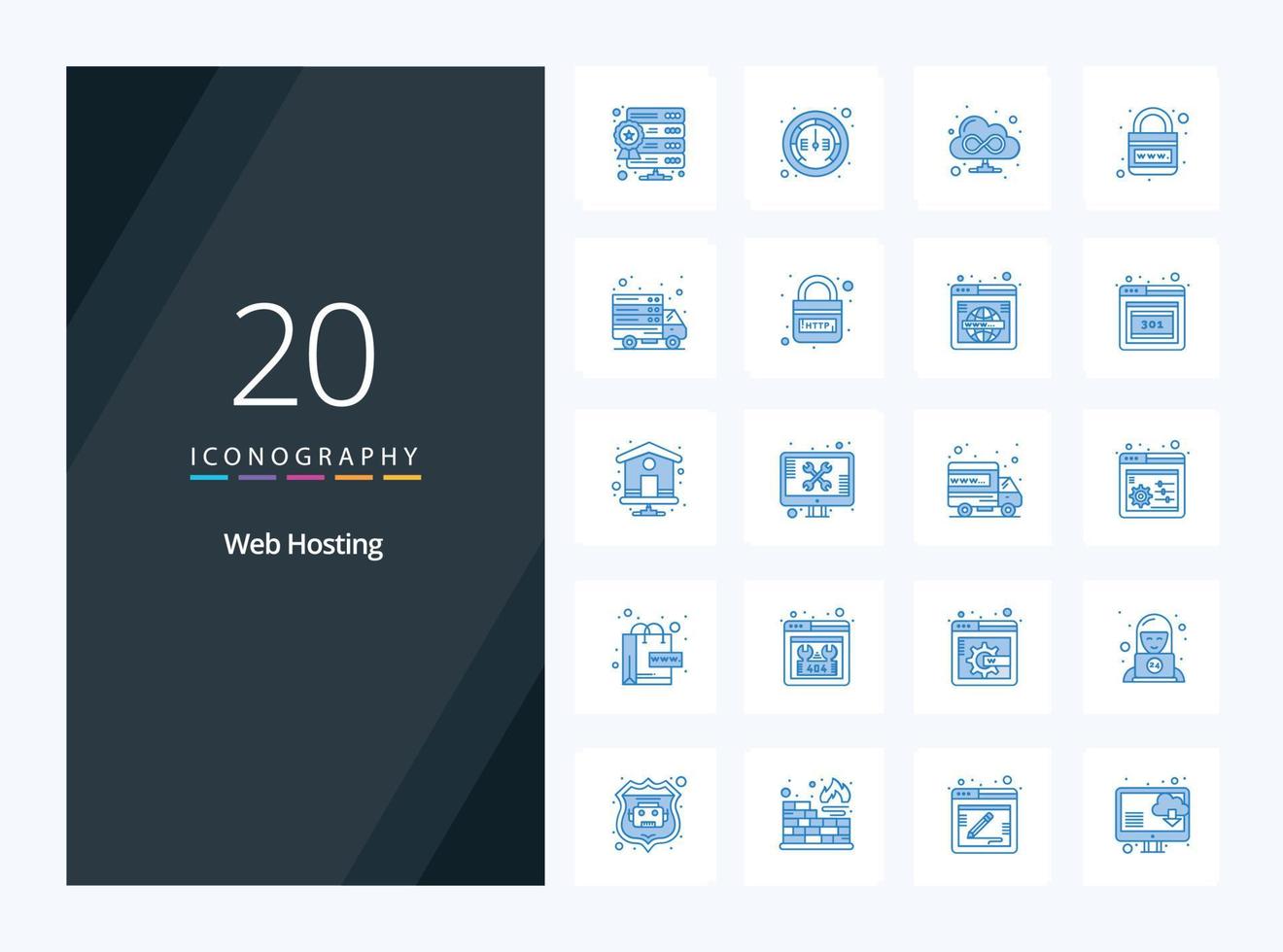 20 icono de color azul de alojamiento web para presentación vector