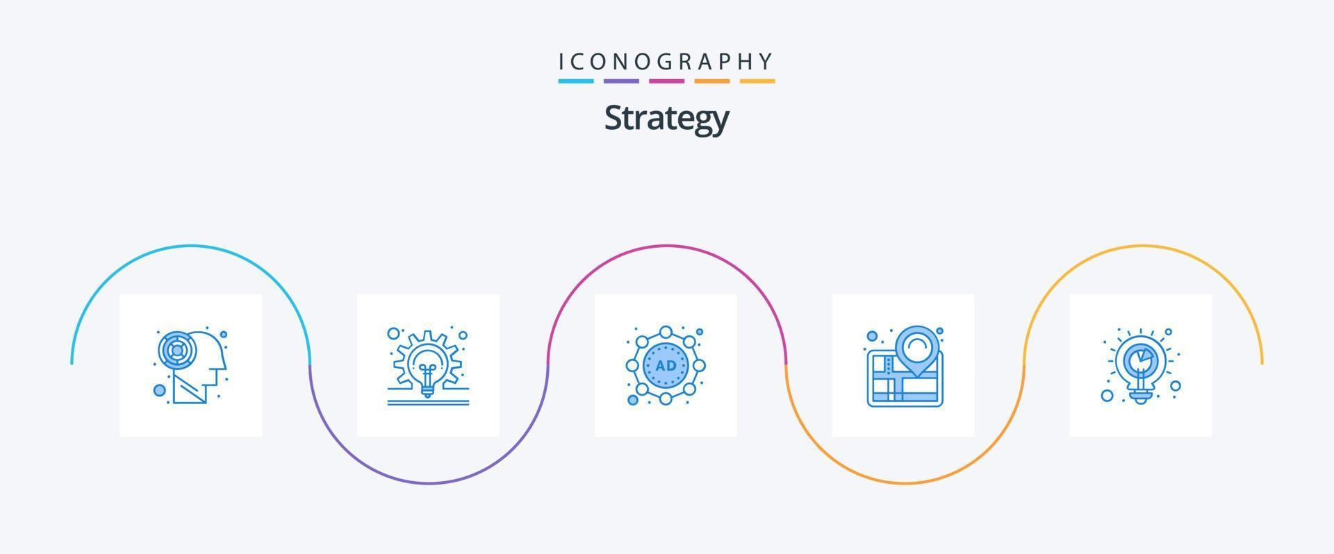 paquete de iconos de estrategia azul 5 que incluye análisis. solución. marketing. planificación. alfiler vector