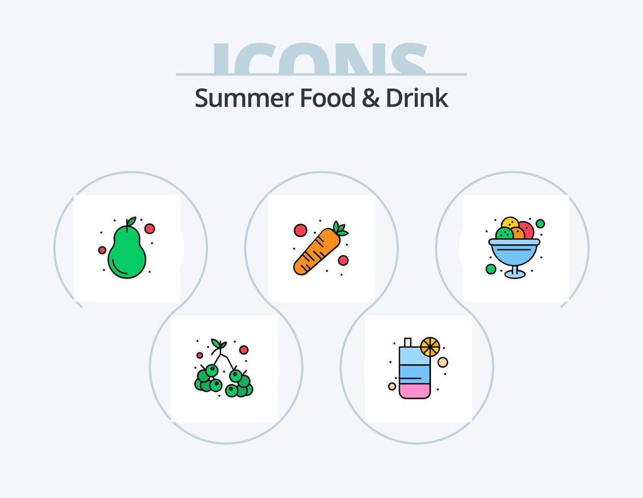 línea de comida y bebida de verano lleno de icono paquete 5 diseño de icono. embalar. jugo. alcohol. fruta. sala de estar vector