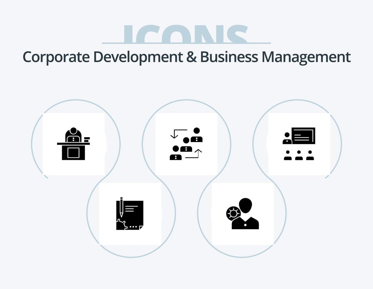 Corporate Development And Business Management Glyph Icon Pack 5 Icon Design. laptop. business. efficiency. desk. profile vector