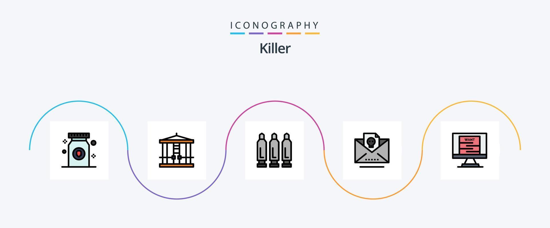 línea asesina llena de paquete de iconos planos 5 que incluye póster. cráneo. bala. correo. muerto vector