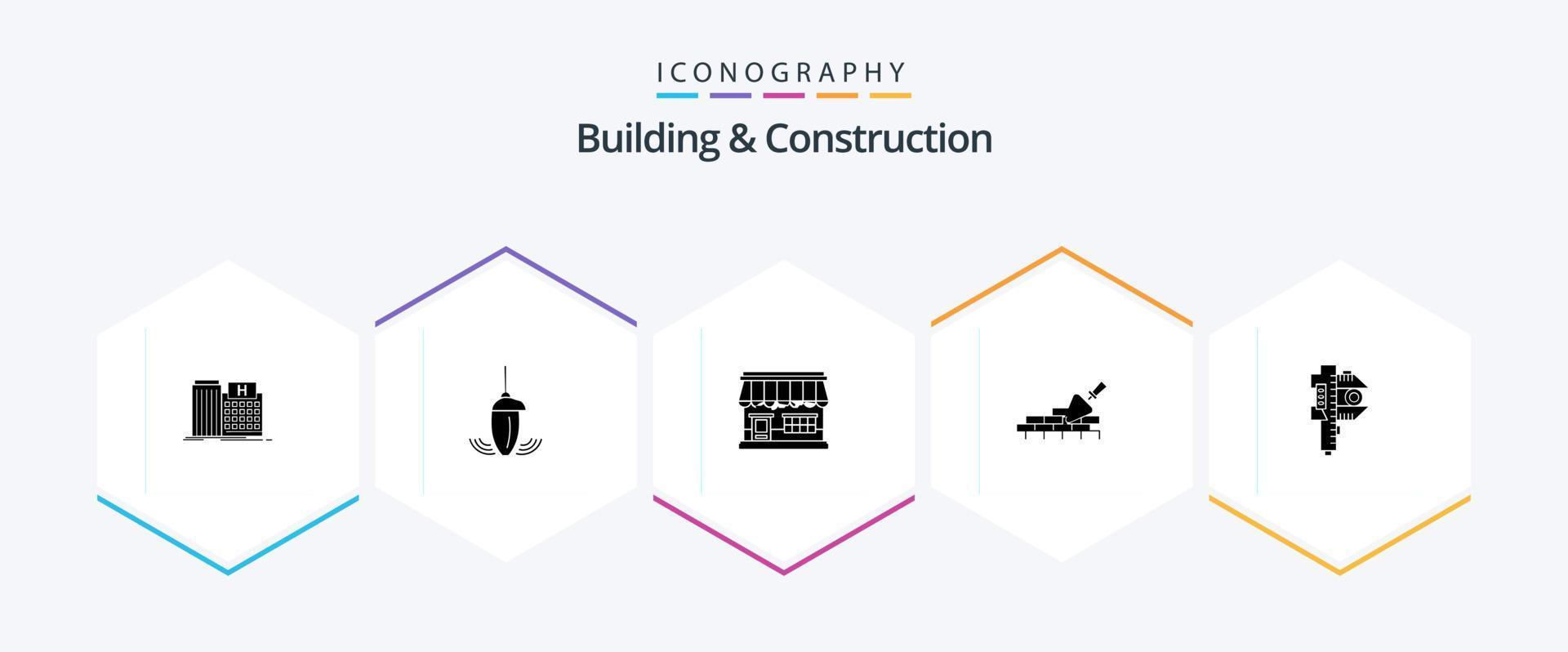 Building And Construction 25 Glyph icon pack including building. brickwork. plumb. building. market vector