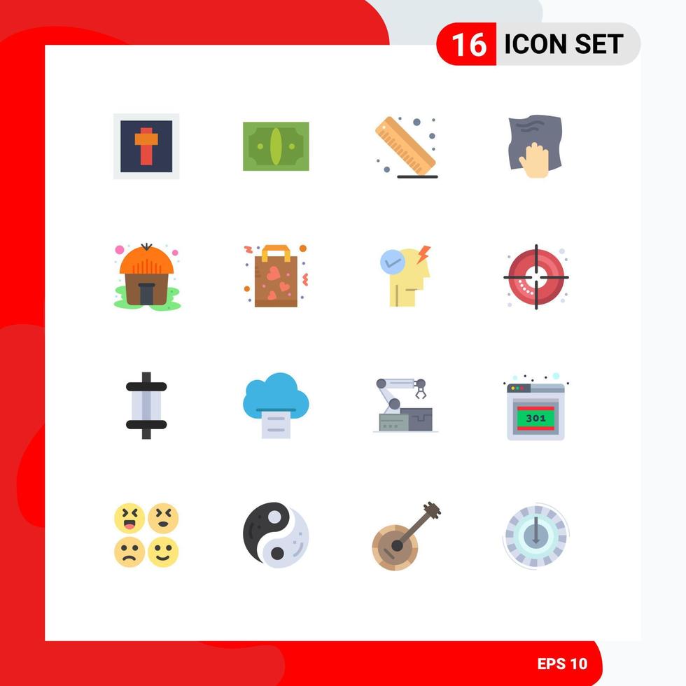 Pictogram Set of 16 Simple Flat Colors of tent scrub measure rub hand Editable Pack of Creative Vector Design Elements